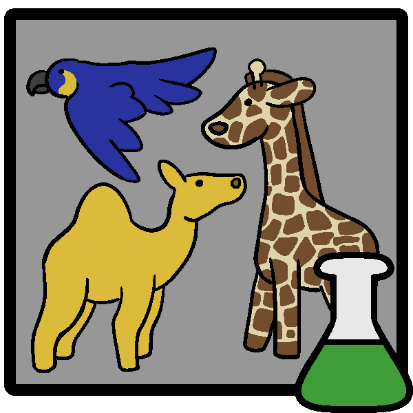  A camel, giraffe, and blue parrot in a frame with a green beaker in the corner.